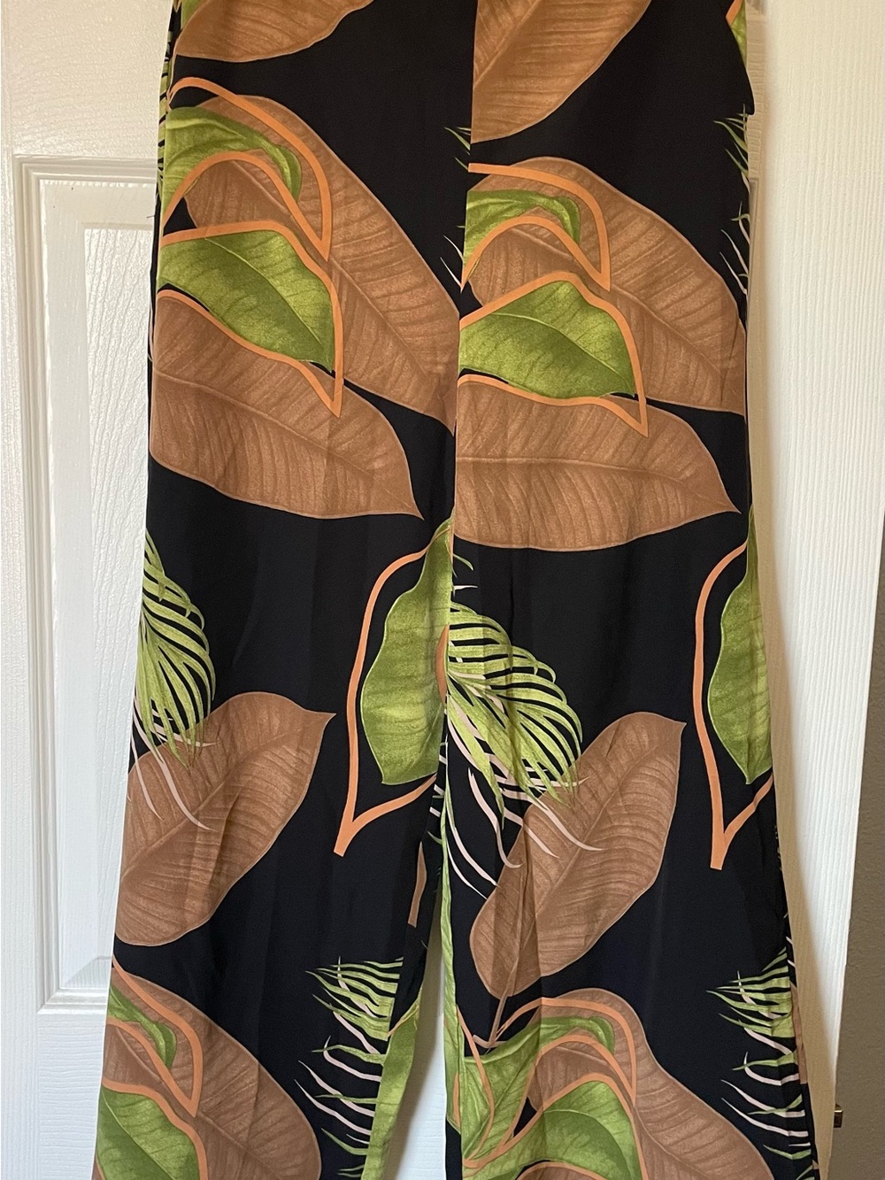Tropical Wide-Leg Pants — Black with Brown & Green Leaf Print
